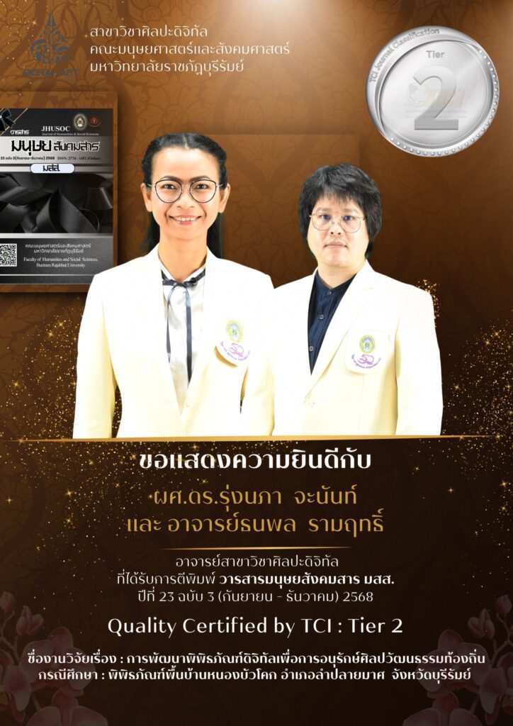 ขอแสดงความยินดีกับ ผู้ช่วยศาสตราจารย์ ดร.รุ่งนภา จะนันท์ และ อาจารย์ธนพล รามฤทธิ์ เนื่องในโอกาสที่ผลงานวิจัยได้รับการตีพิมพ์ใน วารสารมนุษยสังคมสาร มสส. ปีที่ 23 ฉบับที่ 3 (กันยายน – ธันวาคม) พ.ศ. 2568